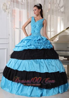 V-neck Light Blue and Black Quinceanera Dress Taffeta Beading