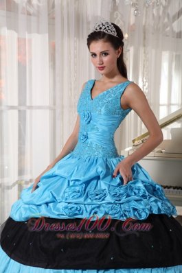 V-neck Light Blue and Black Quinceanera Dress Taffeta Beading