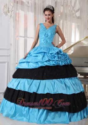 V-neck Light Blue and Black Quinceanera Dress Taffeta Beading