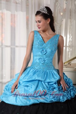 V-neck Light Blue and Black Quinceanera Dress Taffeta Beading