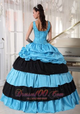 V-neck Light Blue and Black Quinceanera Dress Taffeta Beading