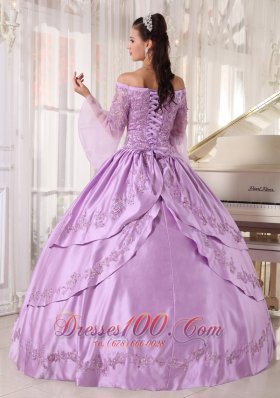 Lavender Off Shoulder Taffeta Appliques Dress for Girls