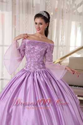 Lavender Off Shoulder Taffeta Appliques Dress for Girls