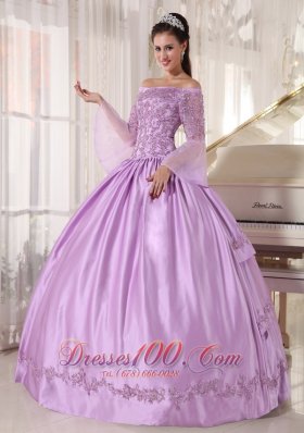 Lavender Off Shoulder Taffeta Appliques Dress for Girls