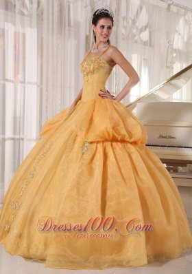 Spaghetti Straps Gold Organza Appliques Quinceanera Dress