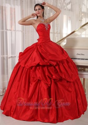 Ball Gown Red Taffeta Quinceanera Dress With Beading