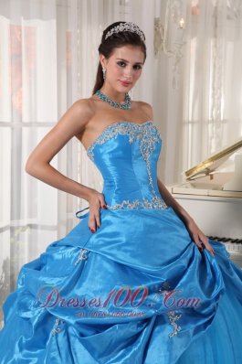 Appliques Taffeta and Tulle Blue Cheap Quinceanera Dress