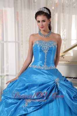 Appliques Taffeta and Tulle Blue Cheap Quinceanera Dress