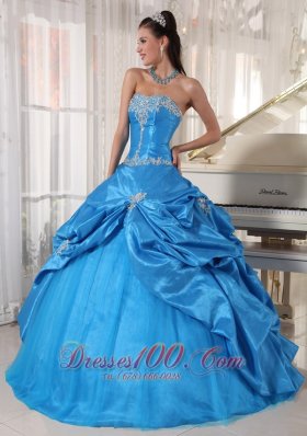 Appliques Taffeta and Tulle Blue Cheap Quinceanera Dress