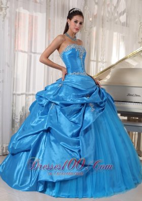 Appliques Taffeta and Tulle Blue Cheap Quinceanera Dress