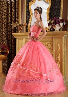 Watermelon Red Appliques Organza Dress for Quinceanera