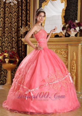 Watermelon Red Appliques Organza Dress for Quinceanera