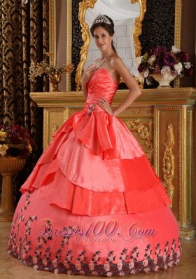 Watermelon Red Ball Gown Taffeta Appliques Dress for 16