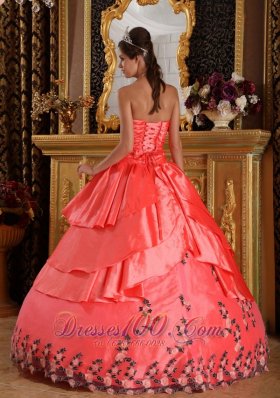 Watermelon Red Ball Gown Taffeta Appliques Dress for 16