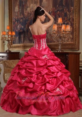 Strapless Appliques Taffeta Coral Red Quinceanera Dress