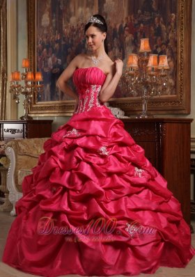 Strapless Appliques Taffeta Coral Red Quinceanera Dress