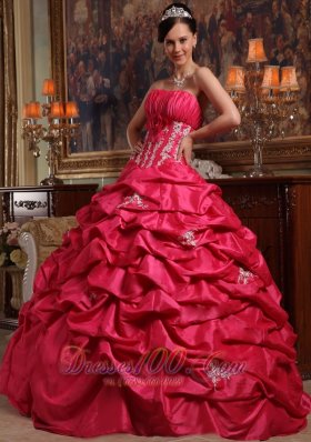 Strapless Appliques Taffeta Coral Red Quinceanera Dress