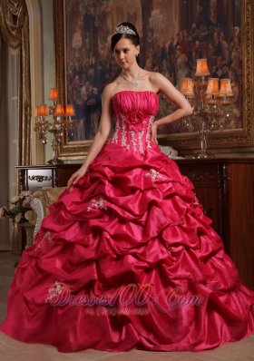 Strapless Appliques Taffeta Coral Red Quinceanera Dress