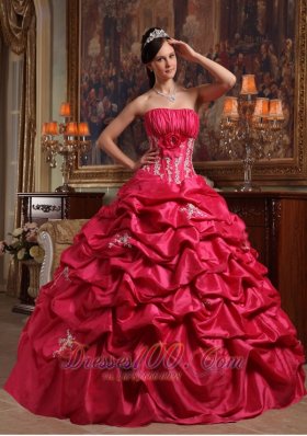 Strapless Appliques Taffeta Coral Red Quinceanera Dress