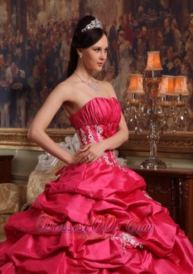 Strapless Appliques Taffeta Coral Red Quinceanera Dress