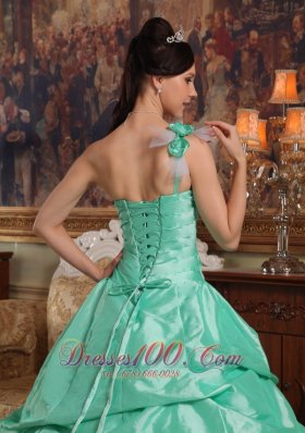 One Shoulder Apple Green Quinceanera Dress Flowers Taffeta