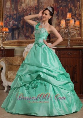 One Shoulder Apple Green Quinceanera Dress Flowers Taffeta