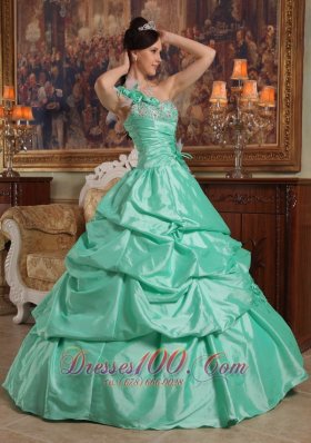 One Shoulder Apple Green Quinceanera Dress Flowers Taffeta