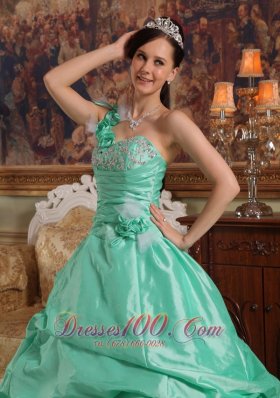 One Shoulder Apple Green Quinceanera Dress Flowers Taffeta