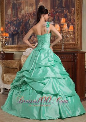 One Shoulder Apple Green Quinceanera Dress Flowers Taffeta