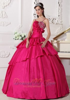 Straps Hot Pink Taffeta Beading Quinceanera Dress