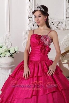 Straps Hot Pink Taffeta Beading Quinceanera Dress