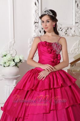 Straps Hot Pink Taffeta Beading Quinceanera Dress