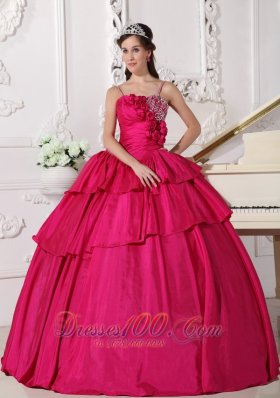 Straps Hot Pink Taffeta Beading Quinceanera Dress