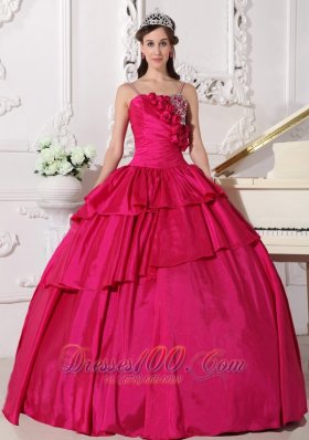 Straps Hot Pink Taffeta Beading Quinceanera Dress