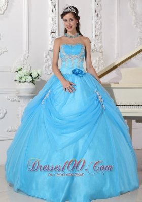 Aqua Quinceanera Dress Taffeta and Organza Appliques Flowers