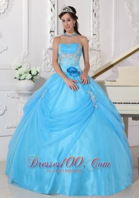 Aqua Quinceanera Dress Taffeta and Organza Appliques Flowers