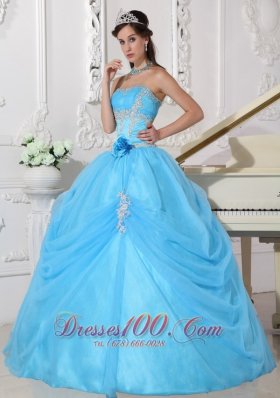 Aqua Quinceanera Dress Taffeta and Organza Appliques Flowers