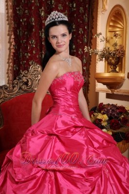 Taffeta Beading Plus Size Hot Pink Quinceanera Dress