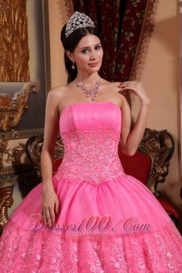 Quinceneara Dresses With Rose Pink Organza Lace Appliques