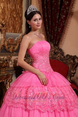 Quinceneara Dresses With Rose Pink Organza Lace Appliques