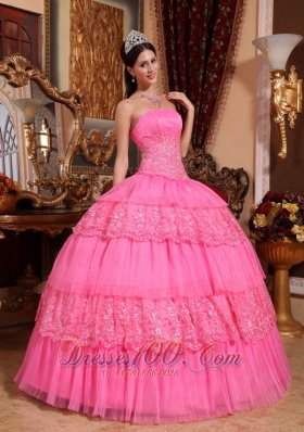 Quinceneara Dresses With Rose Pink Organza Lace Appliques