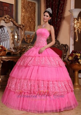 Quinceneara Dresses With Rose Pink Organza Lace Appliques