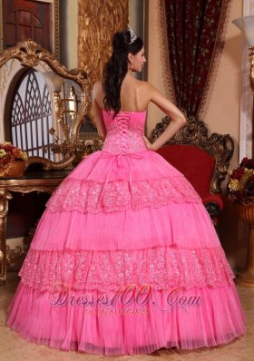 Quinceneara Dresses With Rose Pink Organza Lace Appliques