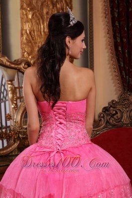 Quinceneara Dresses With Rose Pink Organza Lace Appliques