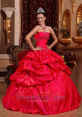 Strapless Taffeta Red Quinceanera Dress Beading Ball Gown