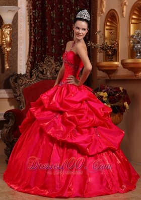 Strapless Taffeta Red Quinceanera Dress Beading Ball Gown