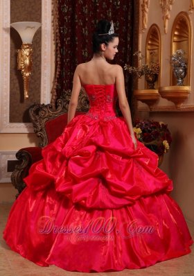 Strapless Taffeta Red Quinceanera Dress Beading Ball Gown