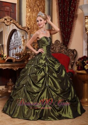 Olive Green Taffeta Beading and pick-ups Sweet 16 Dresses