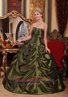 Olive Green Taffeta Beading and pick-ups Sweet 16 Dresses