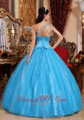 One Shoulder Blue Quinceanera Dress Tulle and Taffeta Beading